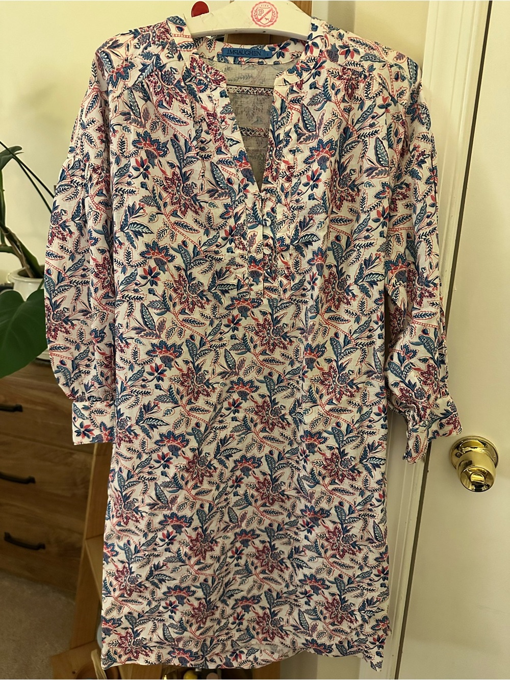 J. McLaughlin White Floral Long Sleeve Tunic Dress with Blue & Pink Print